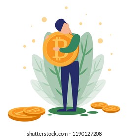 Business concept vector illustration man holding a bitcoin in his hand. Man hugs a bitcoin, concept of money, investment and new business ideas.