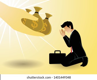 business concept vector illustration of a man kneeling  in front of huge hand with lots of money