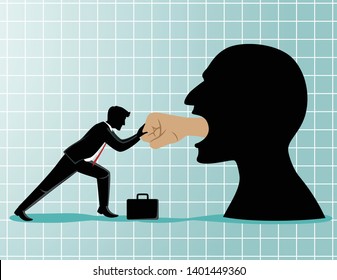 business concept vector illustration, a man holding back the hand punch that came out of the giant's mouth