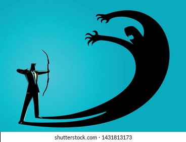 Business concept vector illustration of a man aiming his own shadow with a bow, facing fear, suppress own ego concept
