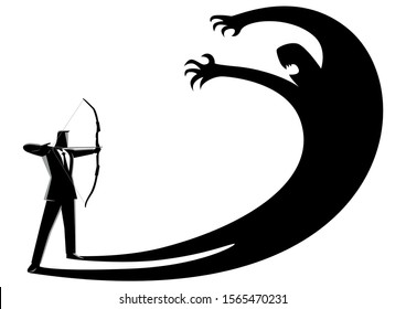 Business Concept Vector Illustration Of A Man Aiming His Own Shadow With A Bow, Facing Fear, Suppress Own Ego Concept