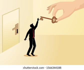 Business concept vector illustration, a man given key by big hand to open a door