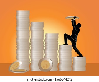 Business concept vector illustration, a man pile up coins and climb or walking on it