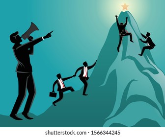 Business concept vector illustration, a man command many businessman to climb a mountain a symbol of successful