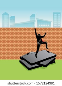 Business concept vector illustration, a man climbing phone cellular on bricks wall to crossing