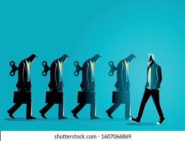 Business concept vector illustration of a man in casual cloth walking opposite way from businessmen with winders. Freelance, free will concept.