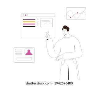 Business concept vector illustration. Man analysing data. Outline vector illustration