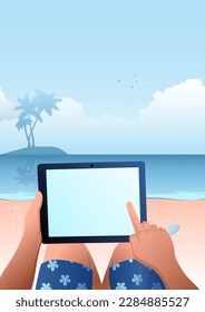Business concept vector illustration of a man using tablet computer on tropical beach