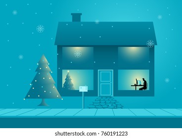 Business concept vector illustration of man still working during Christmas