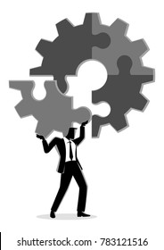 Business concept vector illustration of a man holding on his shoulder the final peace of puzzle which forming a gear, business, complete, completion, solution concept