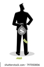 Business concept vector illustration of a man hiding a money bag behind his back for tax evasion concept