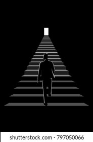 Business concept vector illustration of a man walking on a stairway leading up to a bright door 