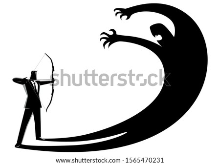 Business concept vector illustration of a man aiming his own shadow with a bow, facing fear, suppress own ego concept