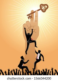 Business concept vector illustration, many employees try climbing to get a successful keys