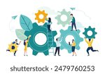 Business concept vector illustration. Mechanism links for little people, business mechanism, abstract background with gears. People are engaged in business promotion, strategy analysis, communication