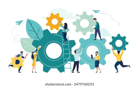 Business concept vector illustration. Mechanism links for little people, business mechanism, abstract background with gears. People are engaged in business promotion, strategy analysis, communication