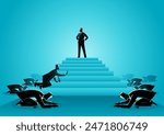 Business concept vector illustration of men worshiping a powerful figure standing atop of a ladder