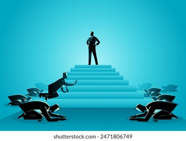 Business concept vector illustration of men worshiping a powerful figure standing atop of a ladder