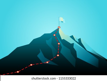 Business concept vector illustration of a mountain with red path graphic, route to mountain peak, business journey and planning concept.