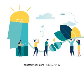 Business concept vector illustration, network connection, brainstorming, light bulb lights up as a creative idea, brain charging