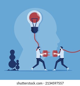 Business concept vector illustration, network connection, brainstorming, light bulb lights up as a creative idea, brain charging