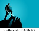 Business concept vector illustration of an optimistic businessman holding a sword and shield standing on top of a mountain,  preparation, protection, precaution in business concept