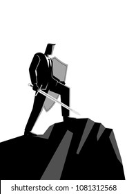 Business concept vector illustration of an optimistic businessman holding a sword and shield standing on top of a mountain, preparation, protection, precaution in business concept