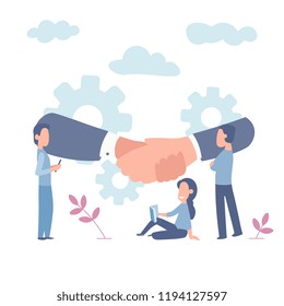 Business concept vector illustration, partnership concept, agreement of parties, hand shake, signing documents