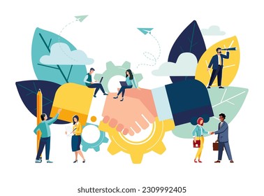 Business concept Vector illustration, partnership concept, parties agreement, handshake, document signing. Successful contract, contract, small business people. Green, building business, Teamwork
