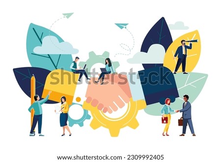 Business concept Vector illustration, partnership concept, parties agreement, handshake, document signing. Successful contract, contract, small business people. Green, building business, Teamwork
