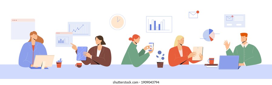 Business concept vector illustration. People analysing data, working together and using different devices