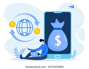 Business concept vector illustration of people characters doing currency exchange