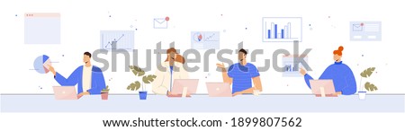 Business concept vector illustration. People analysing data, working together. 