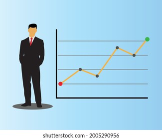 Business concept vector illustration of a posing businessman standing with his hands in his pockets with increasing graphic chart