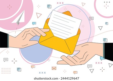 Concepto de negocio Ilustración vectorial de la preparación de mensajes o notificaciones postales, marketing por correo electrónico, boletín, correo electrónico, mensaje. Diseño de envolvente de sujeción manual