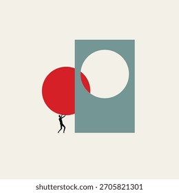 Ilustração vetorial de conceito de negócios de resolução de problemas, encontrando o ajuste perfeito e conclusão do projeto. Silhueta de um homem empurrando um círculo vermelho em um buraco correspondente para terminar uma tarefa.