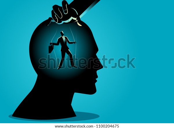 Business concept vector illustration of a puppet
master controls mind