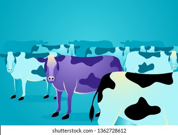 Business concept vector illustration of a purple cow amongst ordinary cows, marketing concept that states that companies must build things worth noticing right into their products or services