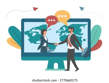 Business Concept Vector Illustration Request a summary online via transaction The launch of a new venture, shaking hands online business deal