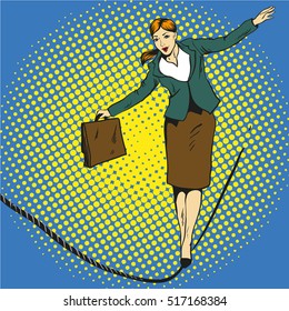 Business Concept Vector Illustration In Retro Comic Pop Art Style. Businesswoman Walk On Tight Rope.