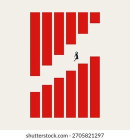 Concepto de negocio Ilustración vectorial del riesgo de negocio, ambición y crecimiento financiero. Silueta de un hombre saltando entre los gráficos de barras rojas que simbolizan las tendencias del mercado y la superación de obstáculos.
