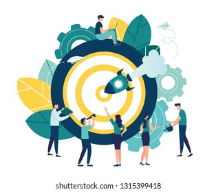 Business concept vector illustration, rocket reaches the target, hit the target, goal achievement - vector