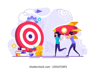 Business concept vector illustration, rocket reaches the target, hit the target, goal achievement - vector