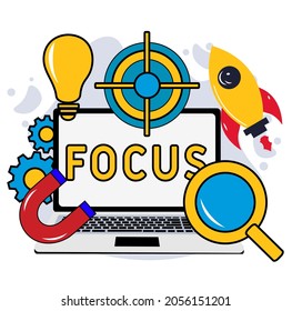 Ilustración vectorial de concepto empresarial, cohete y objetivo, alcanzar el objetivo, el logro de los objetivos. FOCUS - trasfondo del concepto de negocio. Manténganse concentrados. Lugar de trabajo con portátil. Objetivo y propósito. 