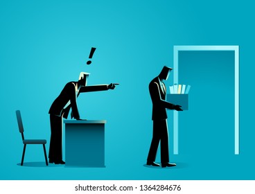Business concept vector illustration of a sad businessman bringing personal items in box after get fired by his boss
