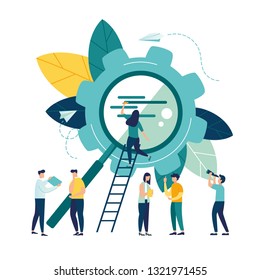 Business concept vector illustration, search of thoughts, business mechanism, abstract background with gears, people are engaged in business promotion, strategy analysis, communication - Vector