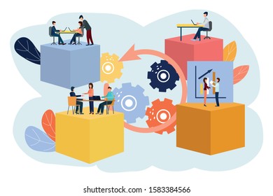 Business concept vector illustration, small people communication mechanism, business mechanism, people engaged in business promotion