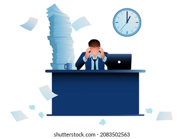 Business concept vector illustration of a stressful businessman sitting at office desk working overtime with overloaded work