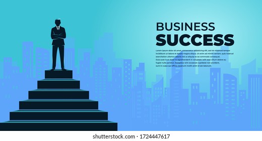 Business Concept Vector Illustration. Successful Businessman Up Stairs At The Pinnacle Of A Career