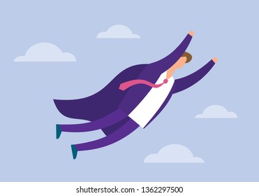 Business concept vector illustration of super businessman flying on sky, super worker, success flat concept. Team, leader, superior ability concept.